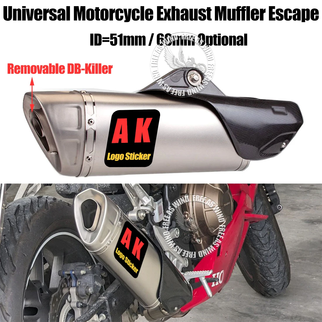 Universal 51mm 60mm Longer AK Motorcycle Exhaust Muffler Escape For R1 3 6 25 Kawasaki300 400 900 MT03 07 09 CBR300 SMAX155 ETC