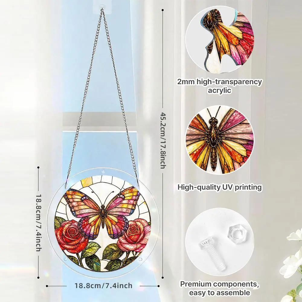 Butterfly And Rose Stained Glass Style Acrylic Puzzle Garden Suncatcher,57 Pieces Acrylic Jigsaw Puzzle Ornaments For Home Decor