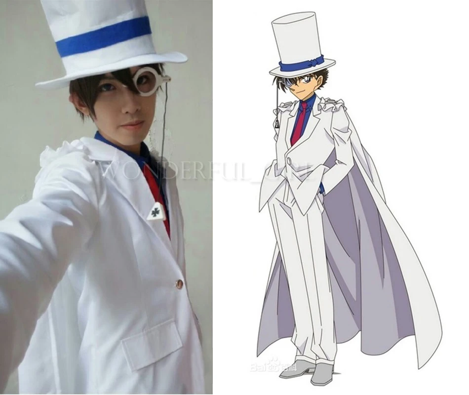 Detective Conan Kaito Kuroba Cosplay Costume White Uniform Outfit+Glasses Halloween Party Costumes for Women/Men Anime Costumes