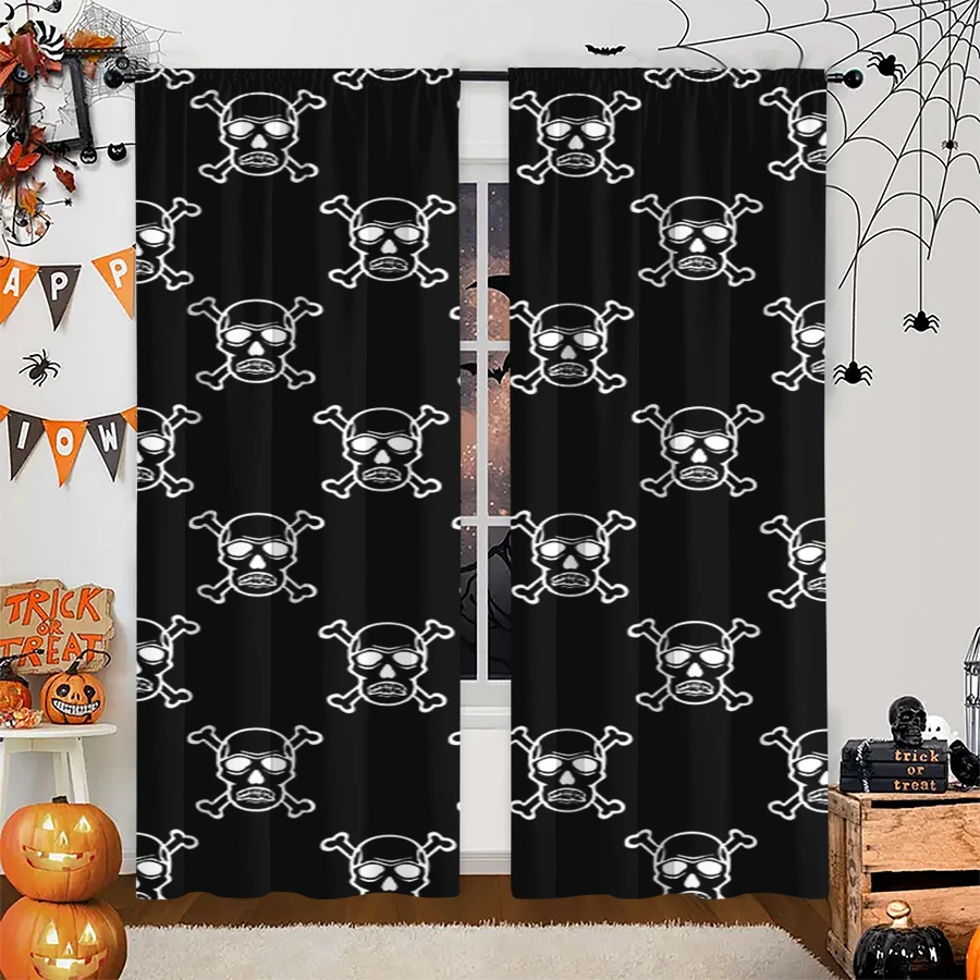 2PCS Digital Print Curtain, Skull and Crossbones on Black, Halloween Pirate Gothic Pattern Style for Living Room Bedroom Decor