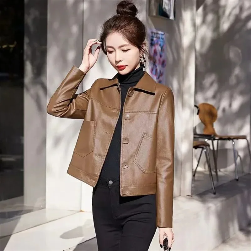 Ladies Slim Leather Coat In Autumn And Winter Short Casual Solid Color Single-Breasted Slim Ladies Suit Collar Outerwear L248