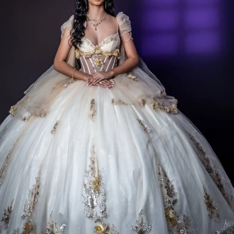 Light Champagne Quinceanera Dress Crystal Glitter Decal Beadwork 3D flower Long tail Vestidos De 15 Quinceanera ﻿Customize
