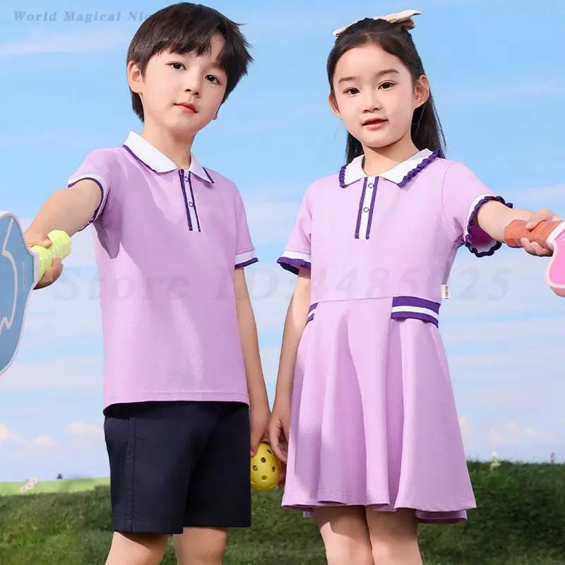 Bambini Ragazzi Ragazze Uniforme scolastica Pantaloncini estivi a maniche corte Abbigliamento sportivo Abito dolce viola Abbigliamento stile college per bambini