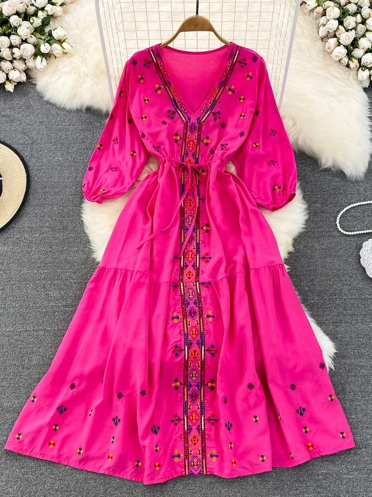 New Spring Summer Bohemian Retro Ethnic Style Embroidery V-neck Waist A-line Seaside Holiday Swing Long Vestidos Dress D1491