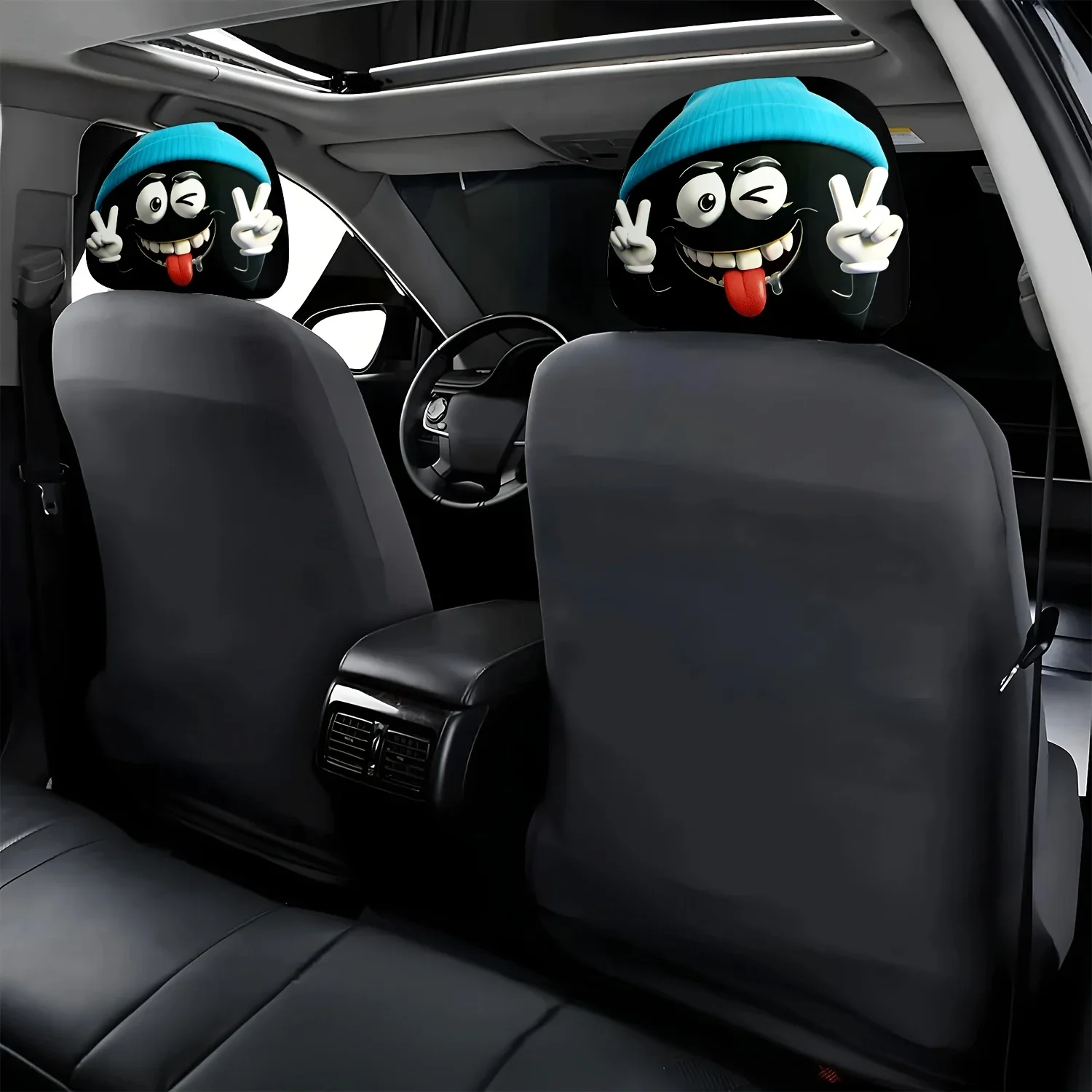 Blue Hat Cute Expression Headrest Covers, Durable & Protective, Seat Protection Car Headrest Covers