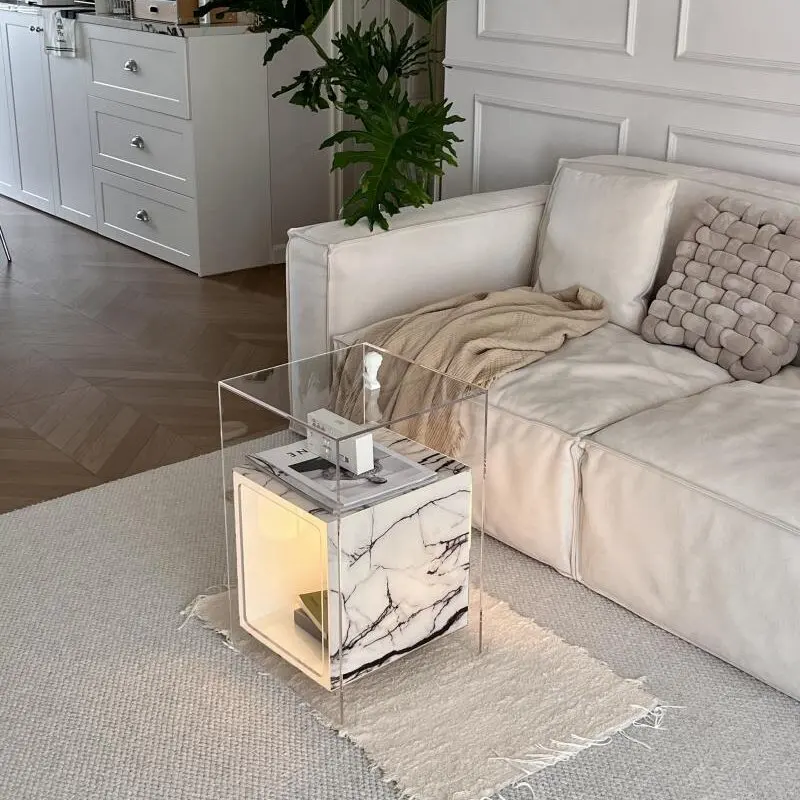 xx-Modern Acrylic Side Table with Marble Pattern Storage Cube , Square Accent End Table for Living Room & Bedroom*