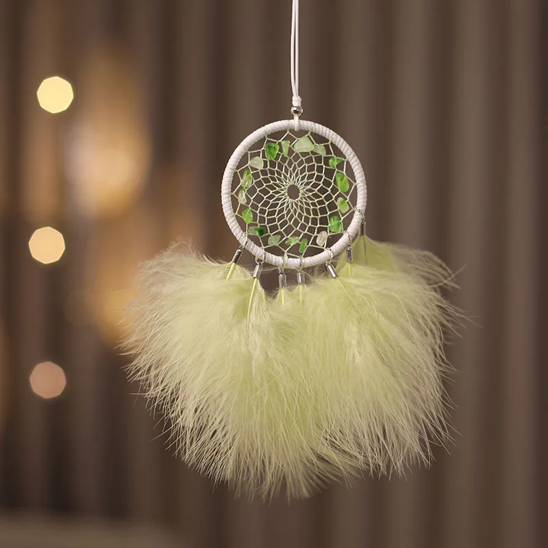 Light Green Feathers, Green Gemstone Wind Chimes Pendant, Exquisite Dream-catching Net,car Ornament Rearview Mirror Accessory
