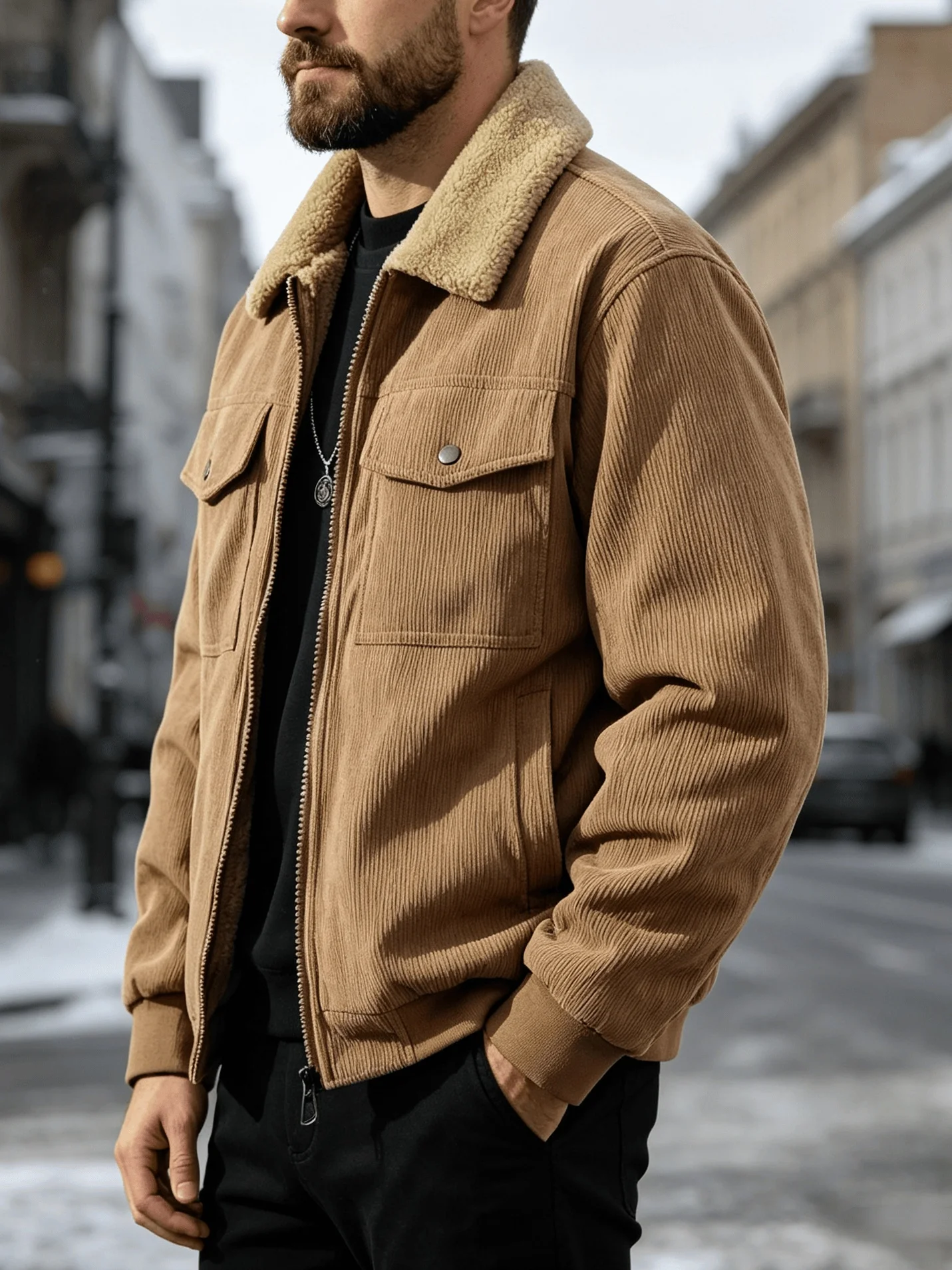 Men's Vintage Corduroy Jacket, Fleece Lined Lapel Collar Zip Up Outerwear, Warm Fluffy Collar & Pocket Design, For Fall Winter Daily & Street Wear