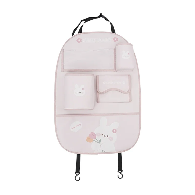 Cute Rabbit PU Leather Car Seat Back Organizer with Cup Holder, Tissue Box & Tablet Pocket, Waterproof Kids Travel Kick Mat
