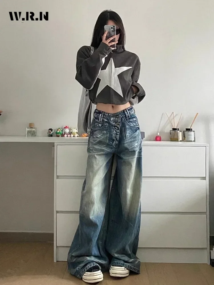 Women's Casual Style Harajuku Jeans 2024 Autumn Vintage Blue Loose Washed Pants Y2K Wide Leg Punk Baggy Sexy Denim Trouser