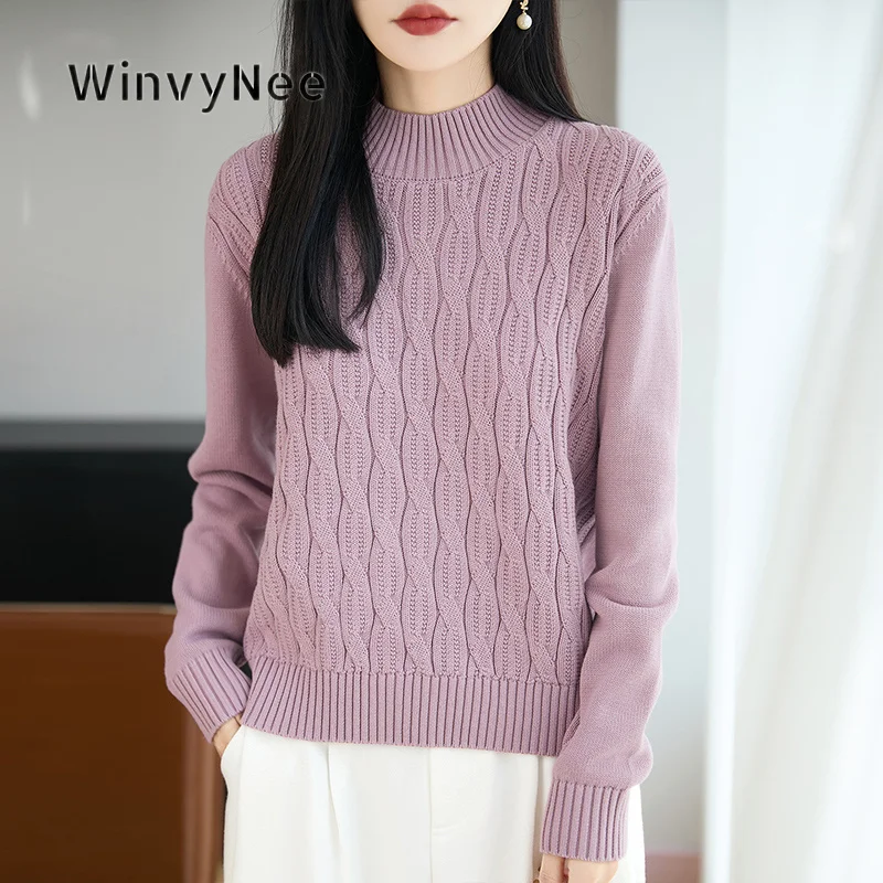 WinvyNee Women Retro Textured Knit Pullover 100% Cotton Half High Collar Long Sleeve Jumper Autumn Winter Knitwear Top ZA1892037