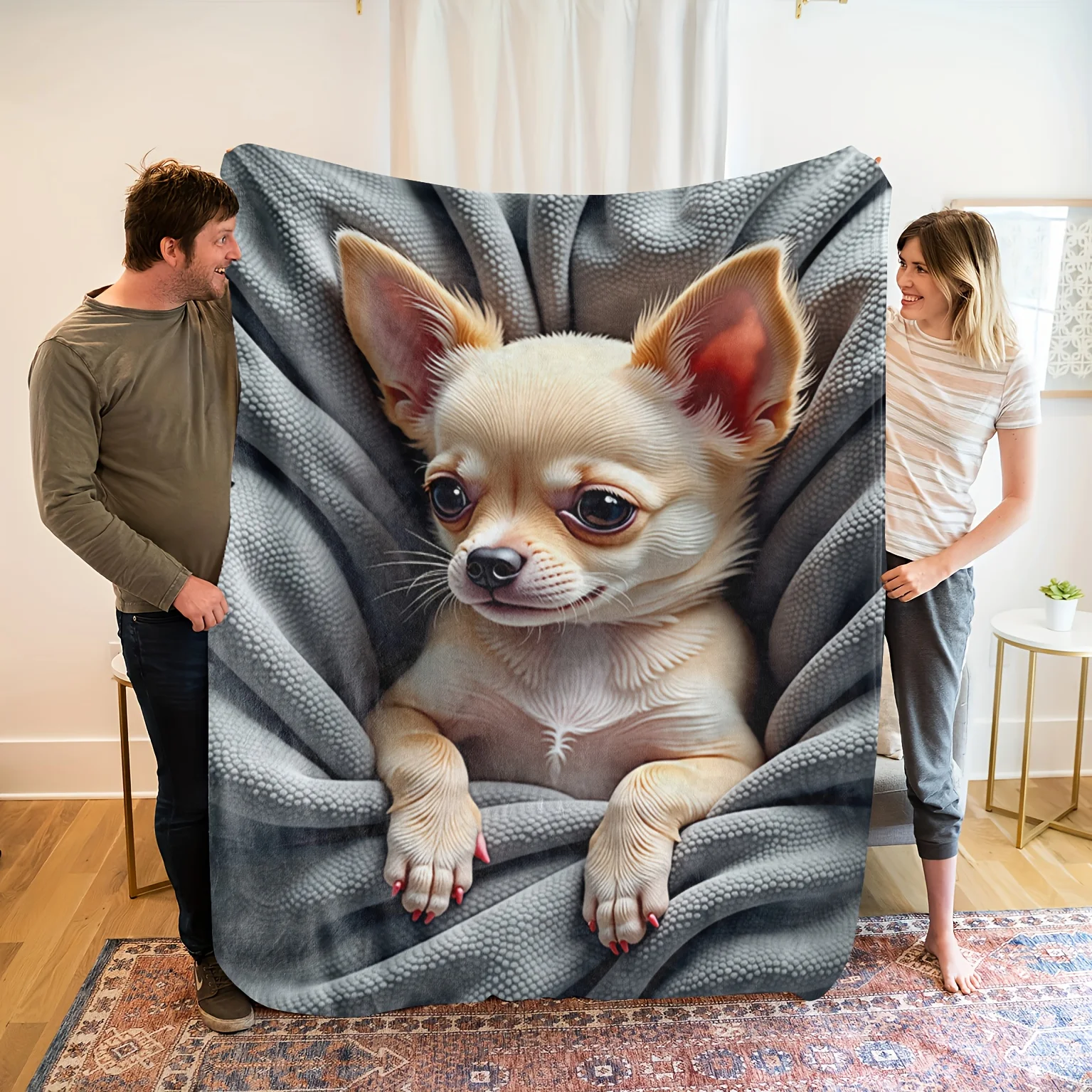Grey Bubble Fabric Cute Chihuahua Dog Realistic 3D Print Warm Blanket For Bedroom Sofa Camping Home Leisure Daily Household Use