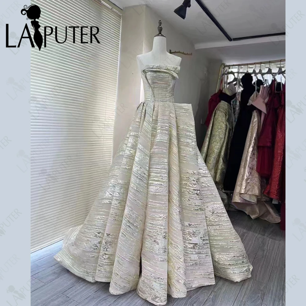 Champagne Pattern Lace Puffy A line Evening Dresses Strapless Lapel Neck Prom Dress Box Pleat Woman Formal Dress