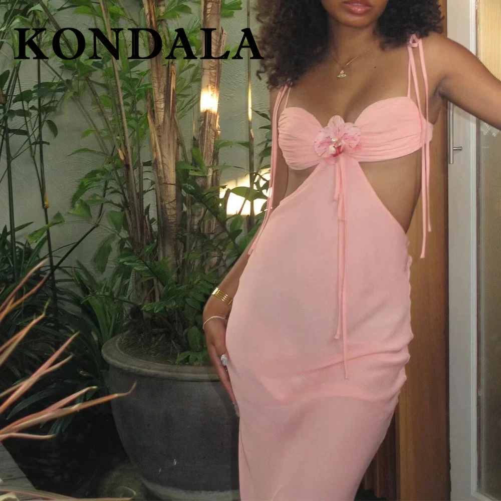 KONDALA Seksi Różowa Sukienka na Imprezę Nocną Damska Moda 2025 Wycięta Sukienka na Ramiączkach typu Cami, Dopasowana, Długa, Elegancka, Bez Pleców, Sznurowana, Vestidos