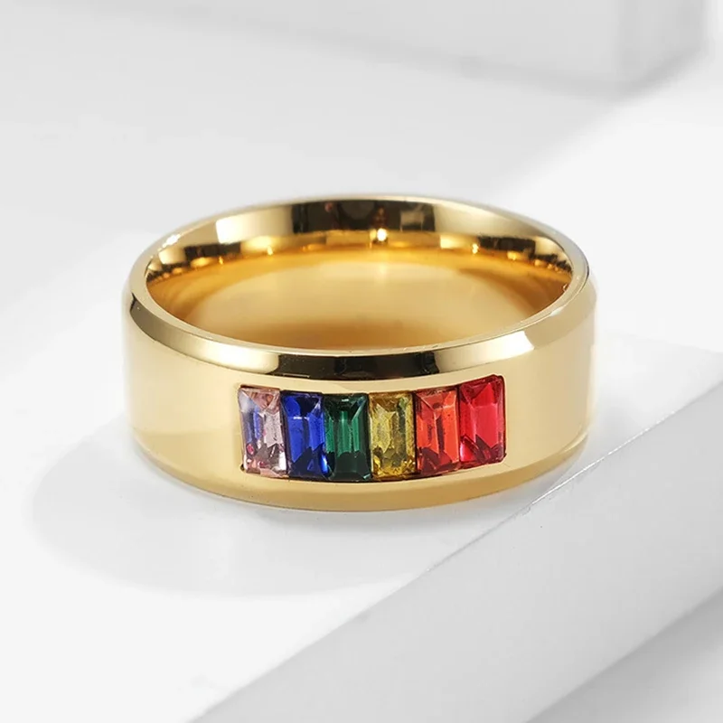 New Fashion Female Gorgeous Rainbow Color Crystal Ring Male Summer Colorful Jewelry Titanium Ring for Women and Men