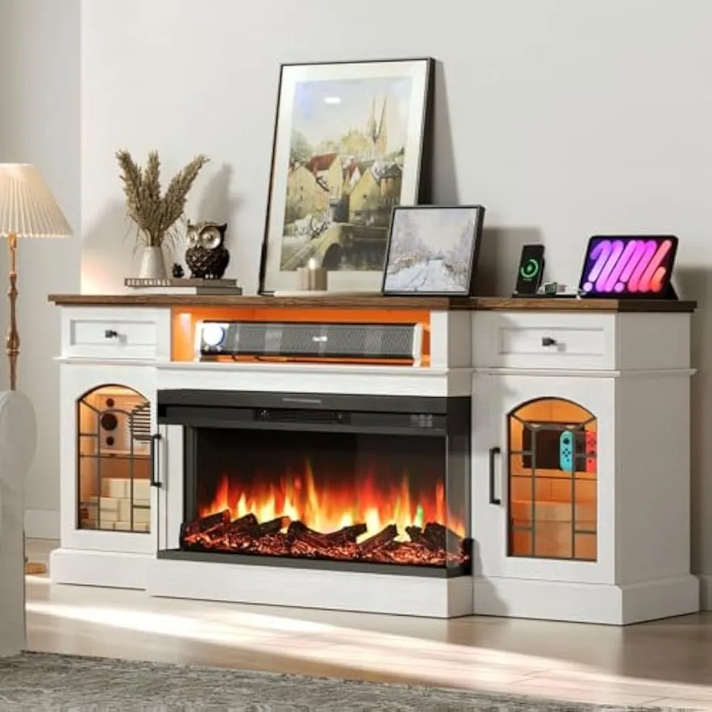 

70-дюймовая каминная подставка для телевизора с зарядной станцией для телевизоров с диагональю до 80 дюймов, 3-сторонний стеклянный развлекательный центр в фермерском доме с электроприводом 36 дюймов