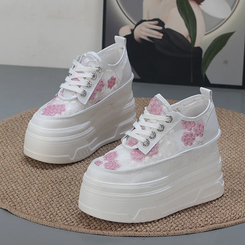 شبكة تنفس سميكة وحيد منصة حذاء أبيض الترا عالية الكعب 12 سنتيمتر الارتفاع زيادة 10 سنتيمتر للنساء قصيرة الدانتيل شبكة أحذية رياضية #1