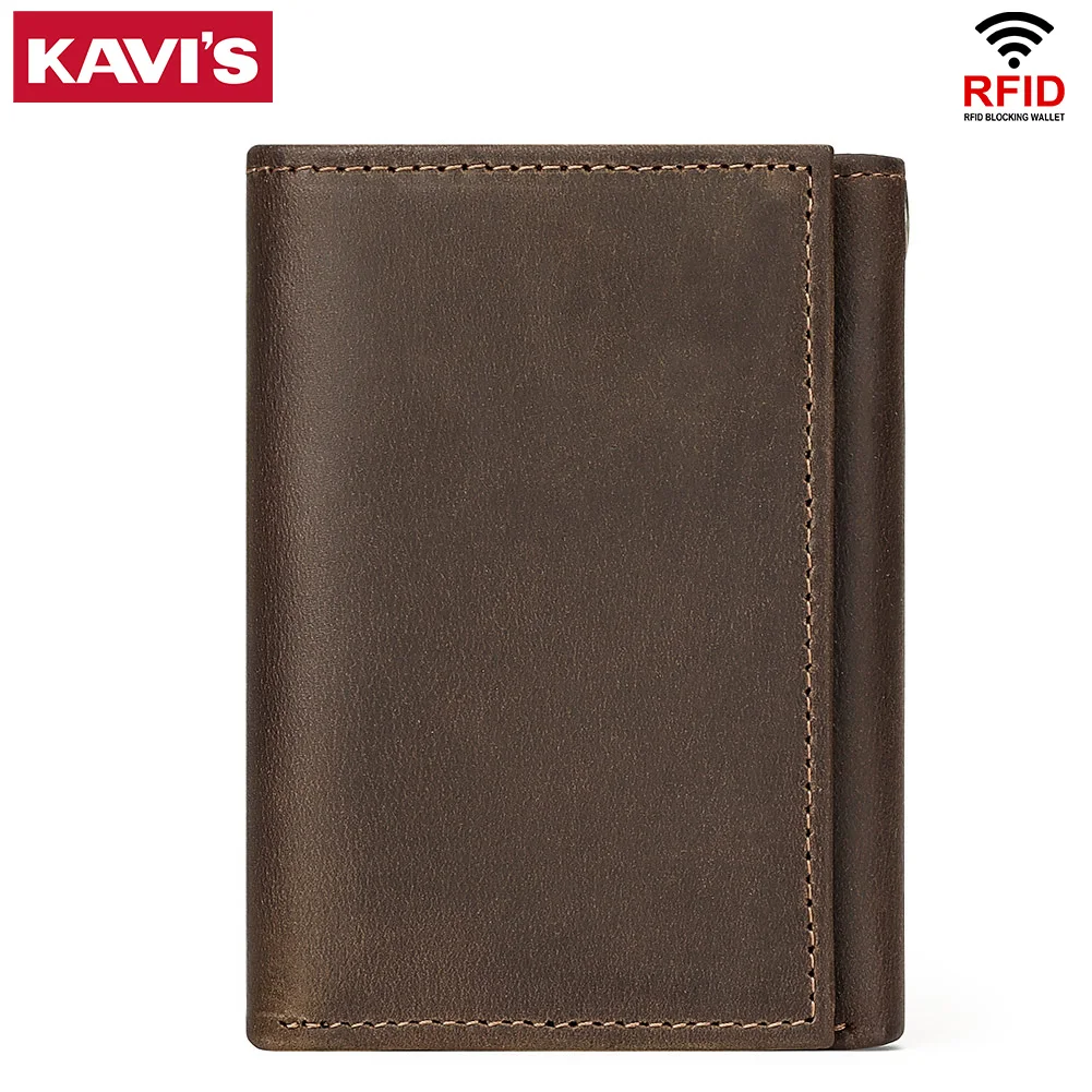 KAVIS Men's three-folding wallet leather business multi-card slot large-capacity short wallet gift box