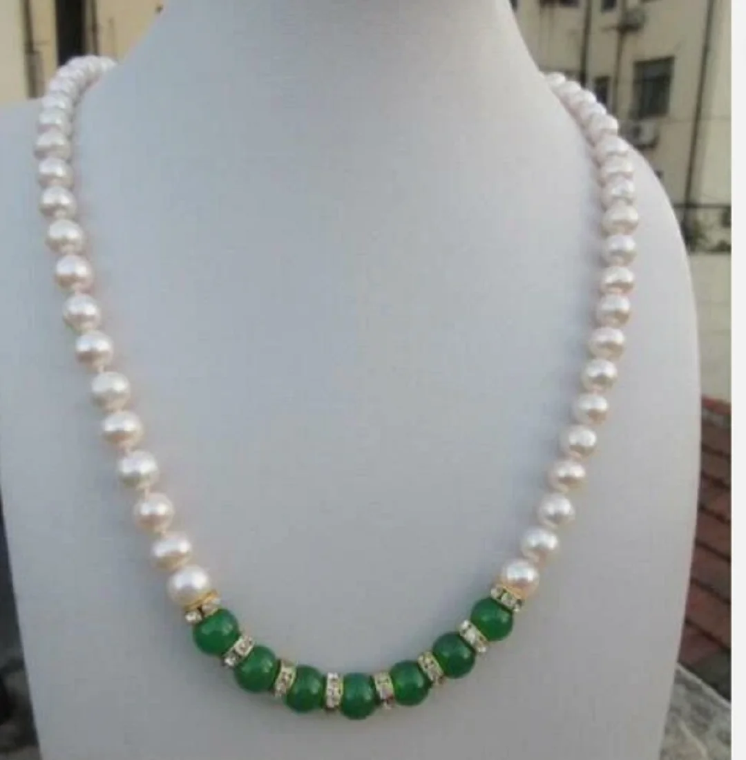 

NATURAL 22" 8-9MM REA SOUTH SEA WHITE PEARL GREEN JADE NECKLACE 14Kp GOLD