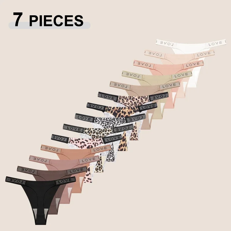 7Pcs/Set Printed Leopard Crystal Letter Thongs For Women Fashion Low Waist Soft Breathable Underpants Female Traceless G-string