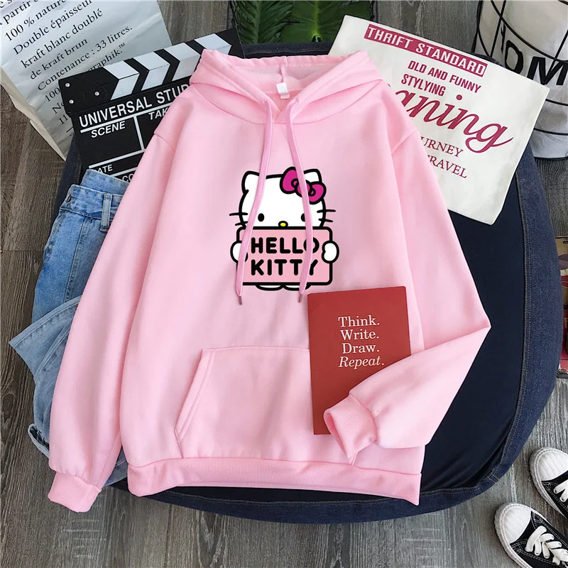 2024 New Casual Women\'s Sweatshirts Sanrio Hello Kitty Kawaii Tops for Women Cute Hoodies Fashion Harajuku Long Sleeves Plus Siz