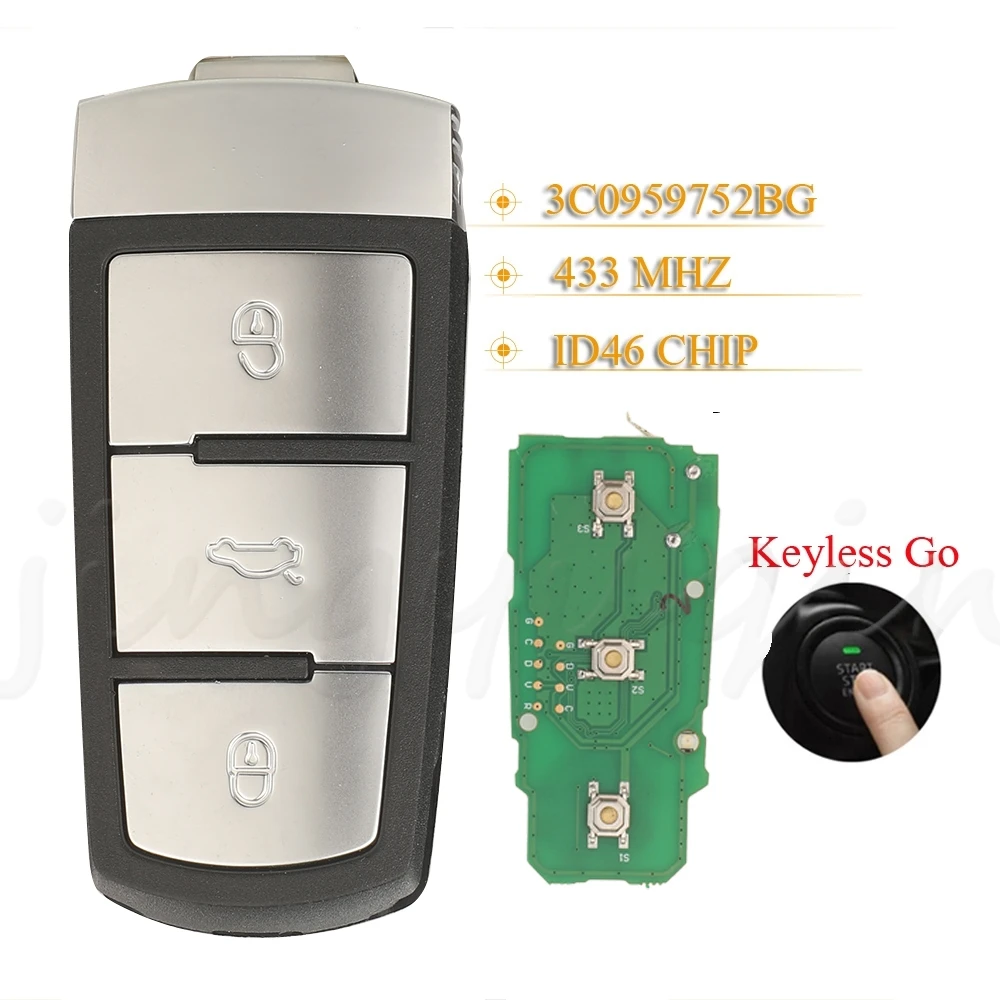 

jingyuqin 3Buttons Keyless Go Remote Car Key Fob 434Mhz ID46 PCF7936 Chip 3C0959752BG For For Volkswagen Passat CC 2006-2014