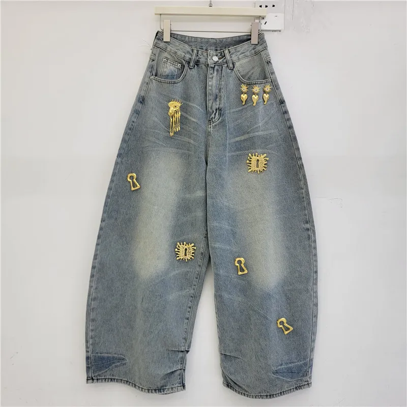 

American Street Style Metal Decorative Jeans, Women's Sense of Design Loose High Waist Scimitar Wide Leg Denim Pants