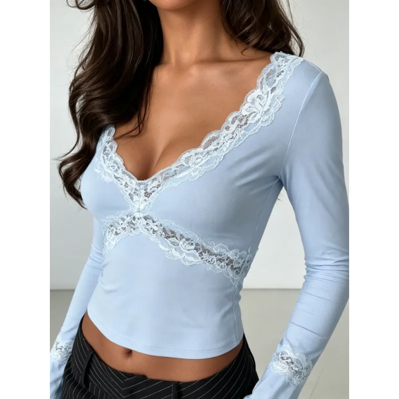 New Fall Women Coquette Light Blue Long‑Sleeve Crop Top, Deep V‑Neck Floral Lace Trim Cross Sheer Lace Slim‑Fit Sexy Blouse