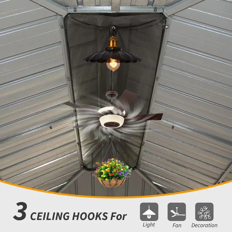 شرفة شرفة صلبة مقاس 10 × 14، مظلة معدنية مطورة مع نظام تصريف، وسقف فولاذي مجلفن بطبقة مزدوجة، تتضمن ستارة وشبكة،