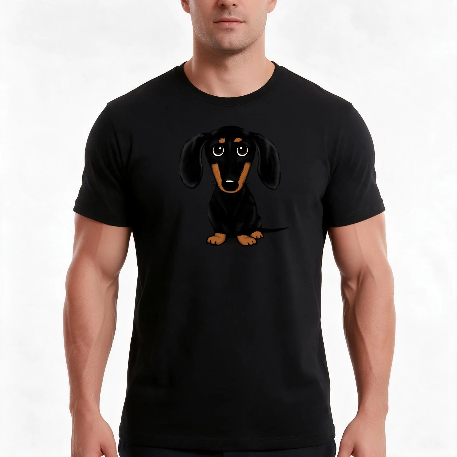 Camiseta con estampado de un simpático perro teckel de color negro y marrón, con pelo liso, ideal para el verano, de algodón, de corte holgado y estilo urbano, 100 % algodón.