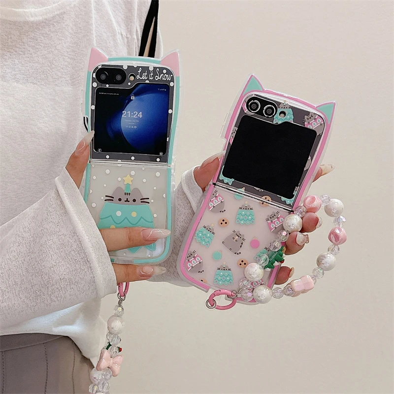 Christmas Cute Cat Phone Case For Samsung Z Flip 6 5 4 3 Cover with Chain Silicone Cases For Galaxy Z Flip5 Flip4 Flip6 5G Funda