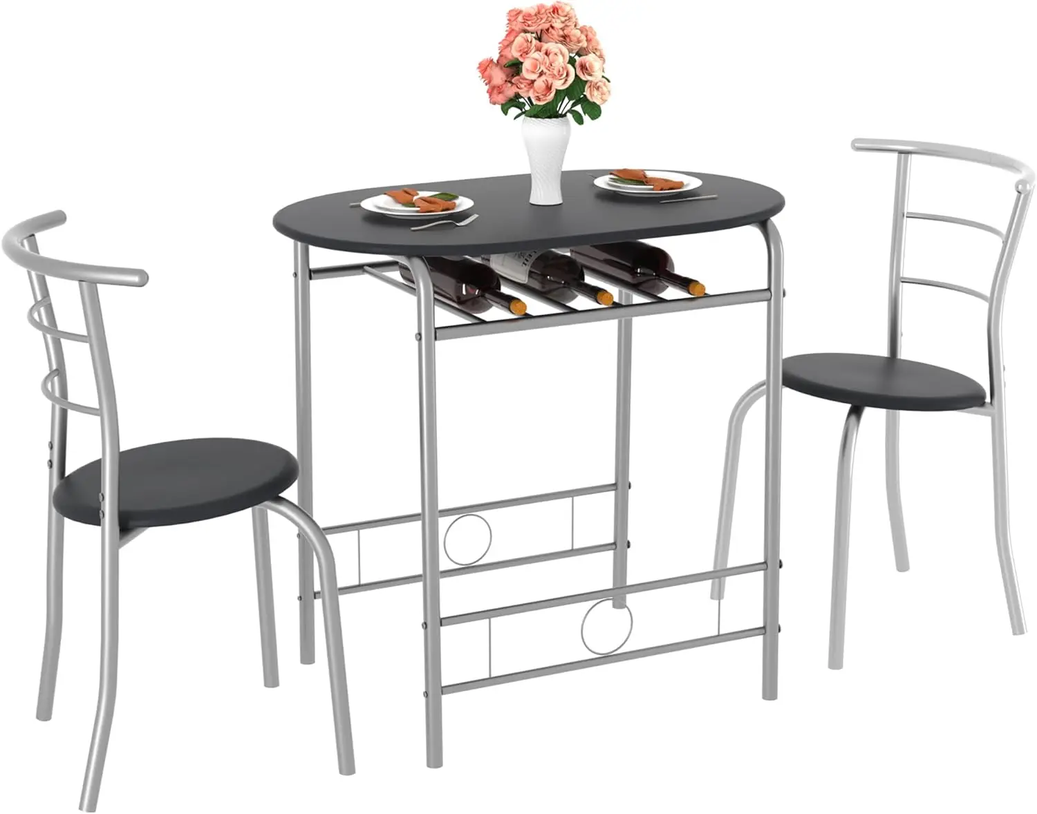 Vecelo 3-Piece Dining Table Set For Kitchen Breakfast Nook, Wood Grain Oval Tabletop And Metal Frame With Built-In Wine Rack,