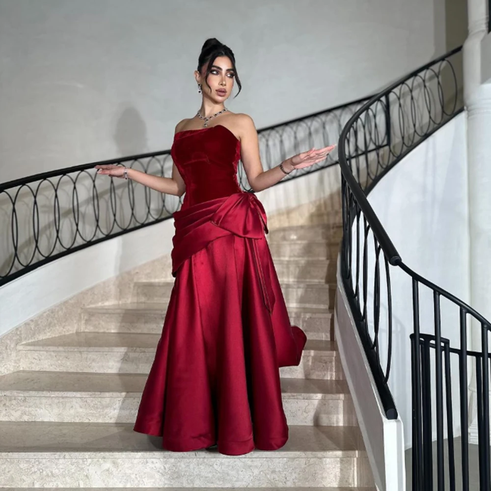 

Customized Red Velour Strapless Sleeveless Draped A-line Evening Dresses Satin With Bow Floor length Pageant Gowns