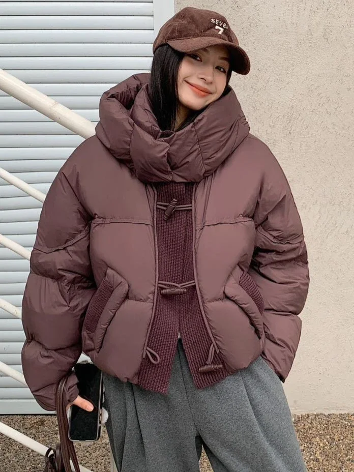 Winter European New Women's Down Jacket Hooded Commuter Splicing Knitted Short Single Breasted Jacket