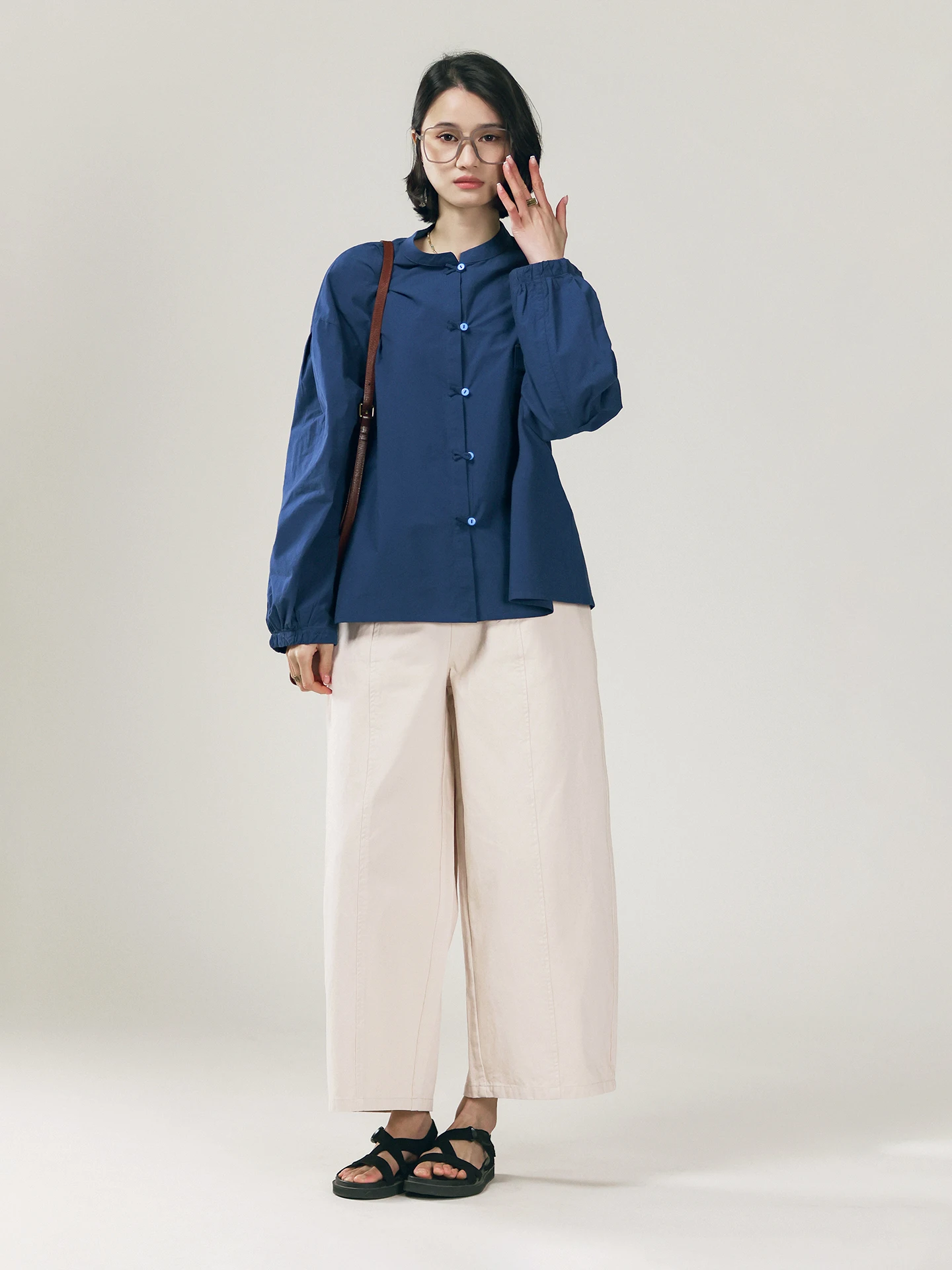 

Женская рубашка с цветными полосками и воротником-стойкой, ручной работы, с 3D-плиссировкой, из чистого хлопка, в винтажном стиле, весна-лето, длинный рукав