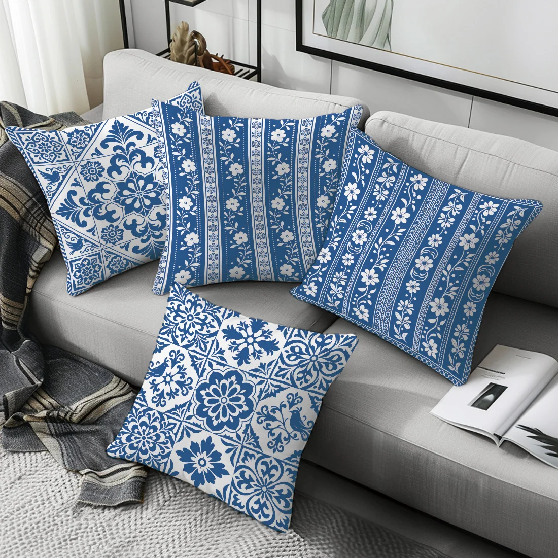 Blue and White Floral Printed Pillow Covers Set of 4 Cushions Decorative Throw Pillow Cases for Home Bedroom Boho Mediterranean