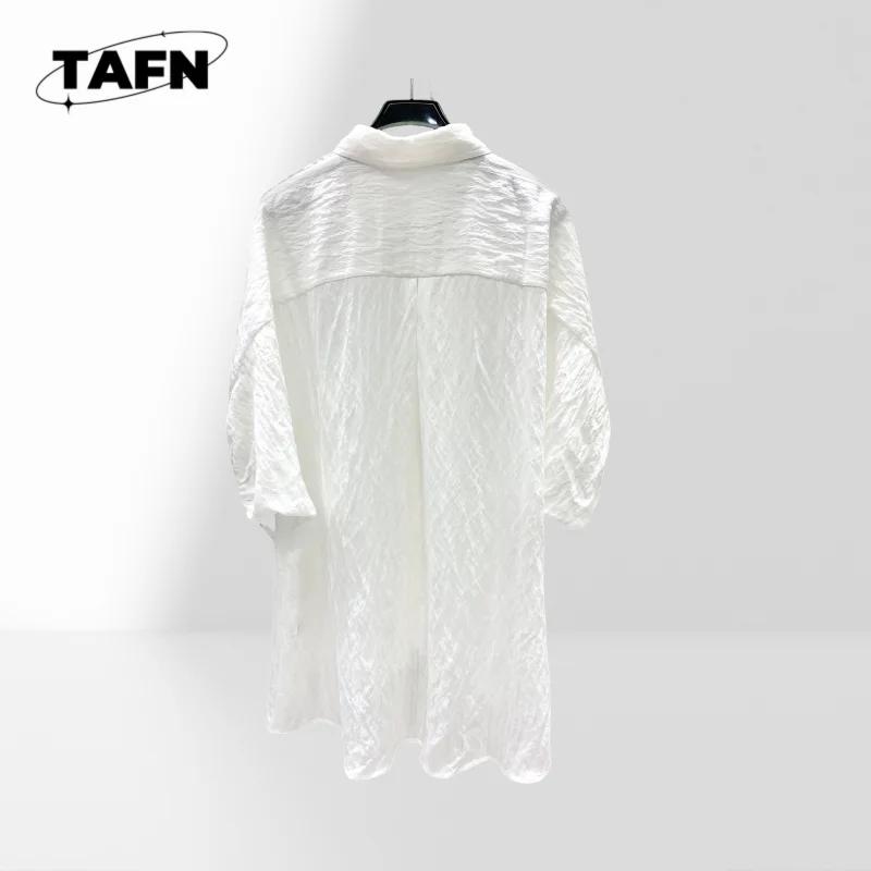 قميص نسائي من الساتان بأكمام طويلة وياقة مقلوبة بلوزة للسيدات قميص أبيض كلاسيكي بأزرار للأسفل بلوزة رسمية OfficeAH0145