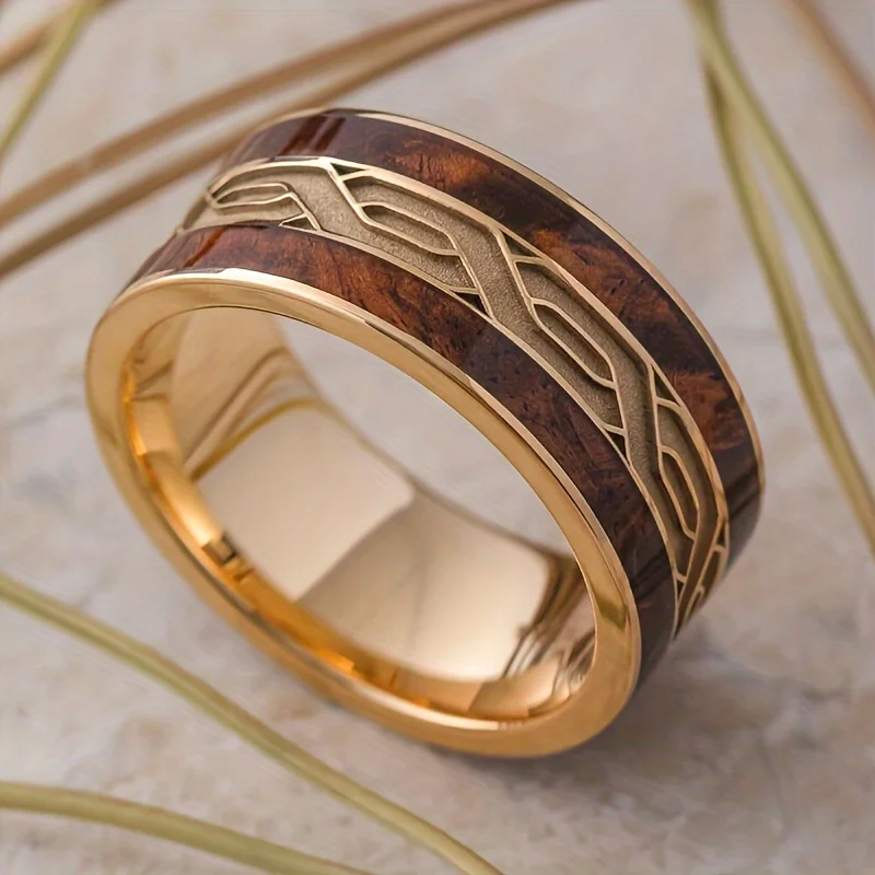 New Men\'s Ring Two Tone Splicing Carving Loop Fashion Cutting Face High Gloss Square Pattern Pair Ring