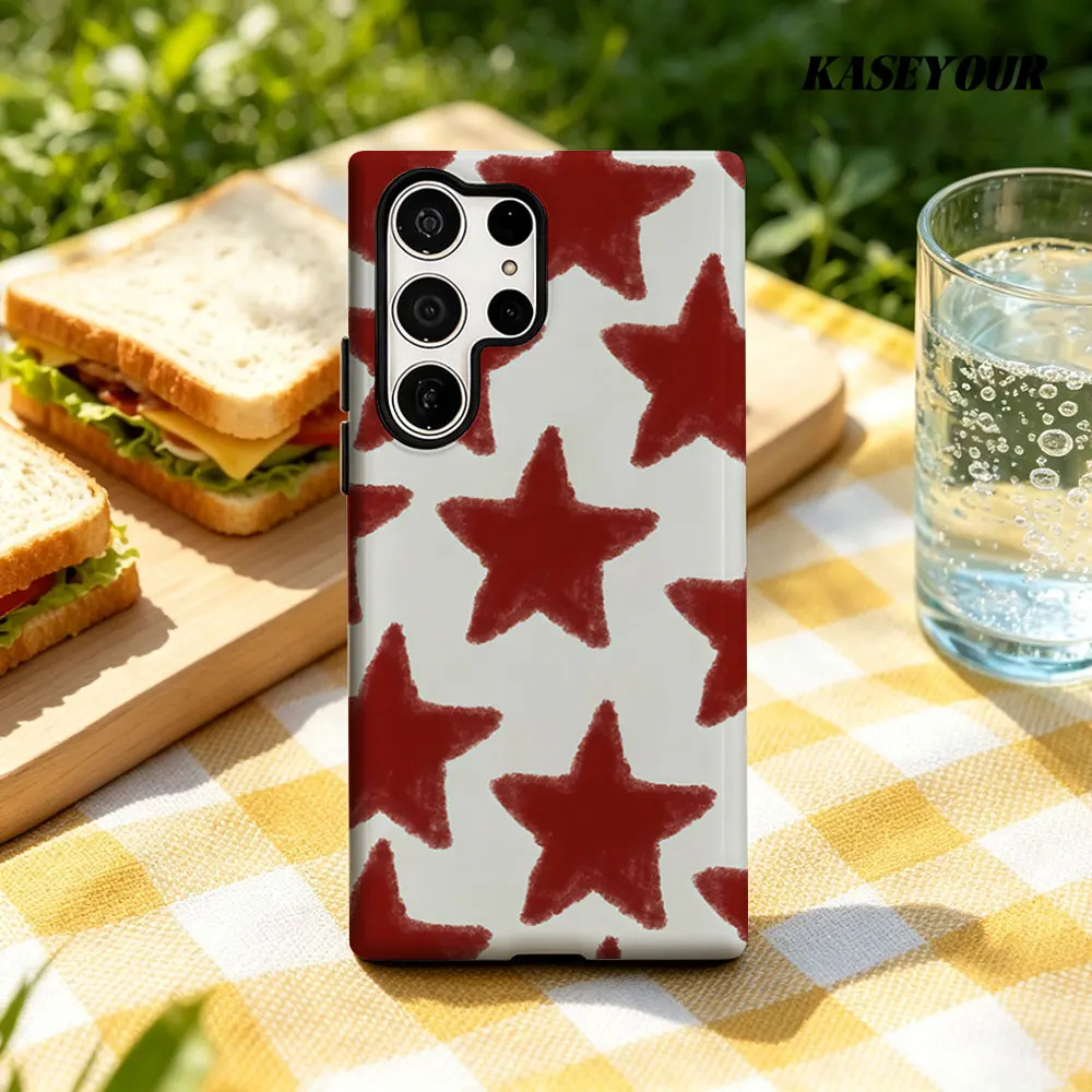Warm Red Star Pattern For Samsung Galaxy Phone Case S23 A57 S20 S25 FE S26 Plus S24 Ultra A56 A37 2-IN-1 Shockproof Bumper