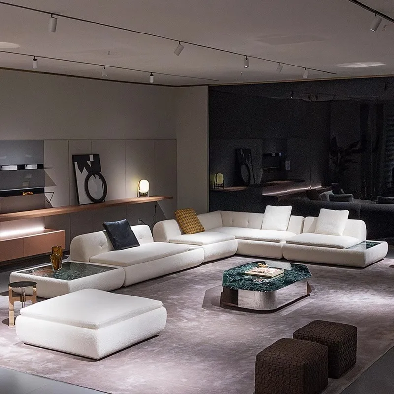 Italian minimalist straight row large corner combination sofa light luxury Nordic cream style living room fabric super sofa