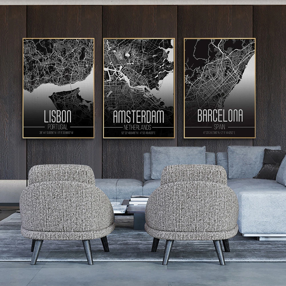 Modern City Map Portugal Netherlands Spain Canvas Paintings Minimalist Wall Posters Prints Black Pictures Living Room Home Decor