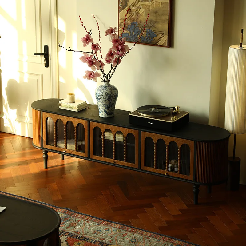 

American Light Luxury Retro French Color-blocking TV Cabinet Living Room Audio-visual Cabinet Second-hand Solid Wood Cabinet