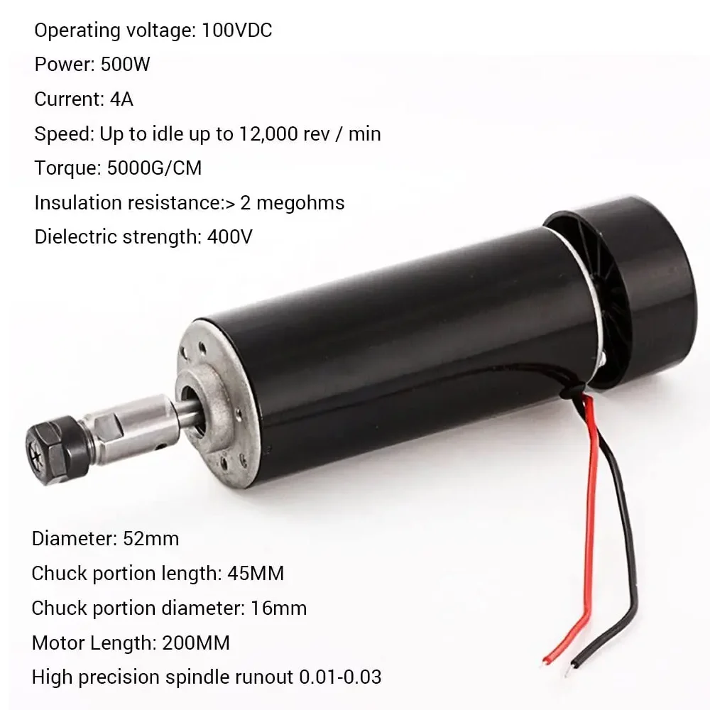 500W Air Cooled Spindle Motor 12000RPM ER11 Chuck Spindle 52mm Diameter 100VDC Motor for CNC Milling Machine Engraving Maching