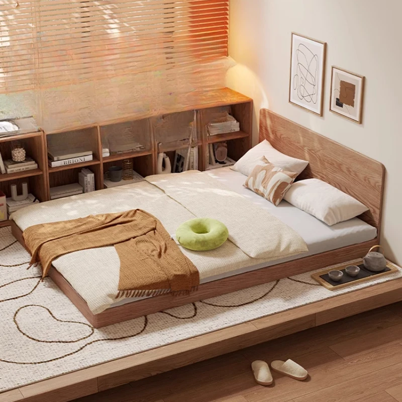 Japanese-style floor bed, solid wood directly on the ground, loft bed, thin bedside space-saving log tatami