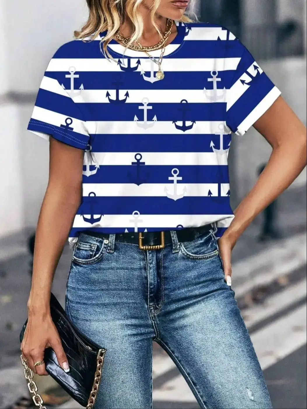 Damen Gestreiftes Ankerdruck Rundhals Lässiges Kurzarm-T-Shirt Sport Basic T-Shirt Herren T-Shirt Sommeroberteile