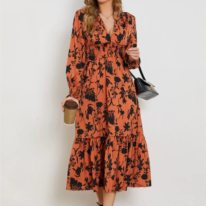 

Women V-Neck Floral Printed Long Dress Autumn Lantern Sleeve High Waist A-Line Dresses Chic Party Dresses Robe Femme