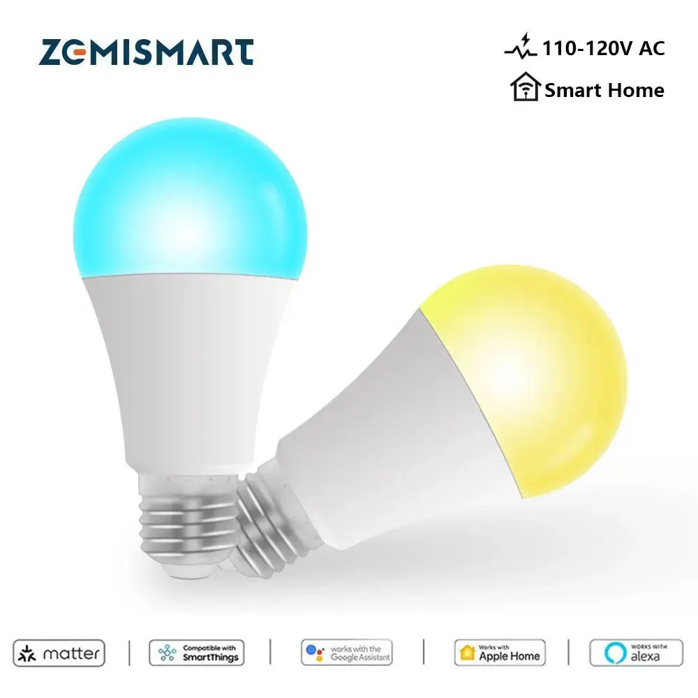 

Zemismart Matter WiFi LED Light Bulb 9W Dimmable Lamp RGBCW Alexa Google Home Smartthings Homekit Control E27 120V Spotlighting