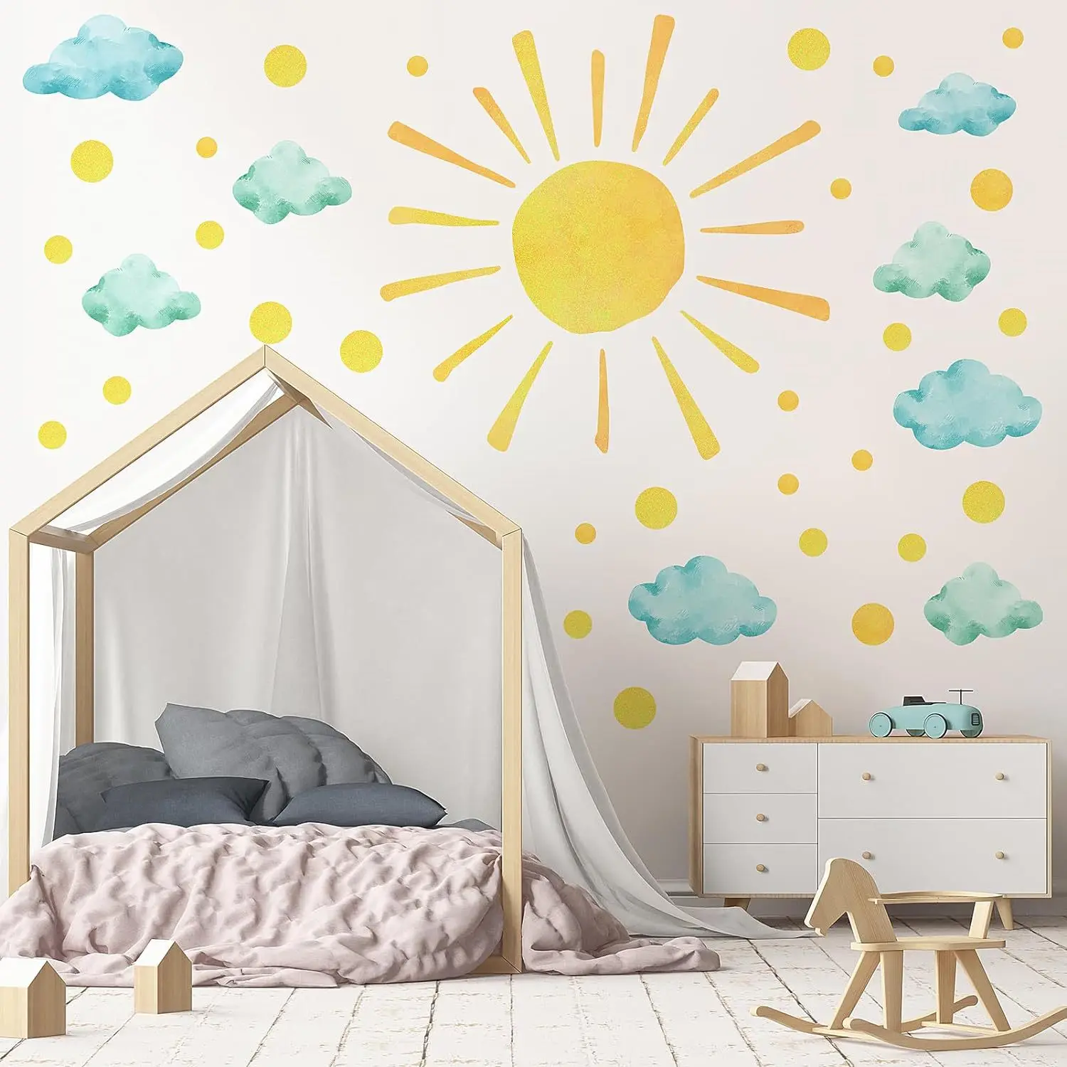 ขายร้อนดวงอาทิตย์เมฆการ์ตูนสติ๊กเกอร์ติดผนังสีน้ําเด็กห้องนอนสติ๊กเกอร์ตกแต่ง PVC Self-Adhesive