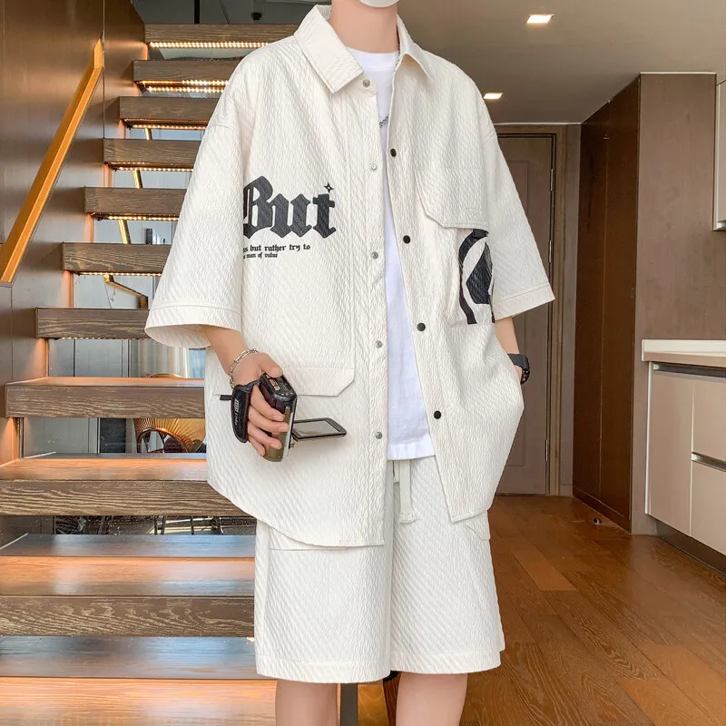 2025 Summer High quality Men's Fashion Casual trend single breasted shirt + shorts men's suit