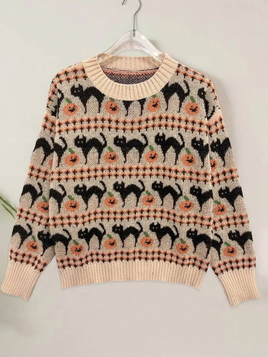 

Halloween Cat And Pumpkin Print Vintage Crew Neck Long Sleeve Knitted Sweater